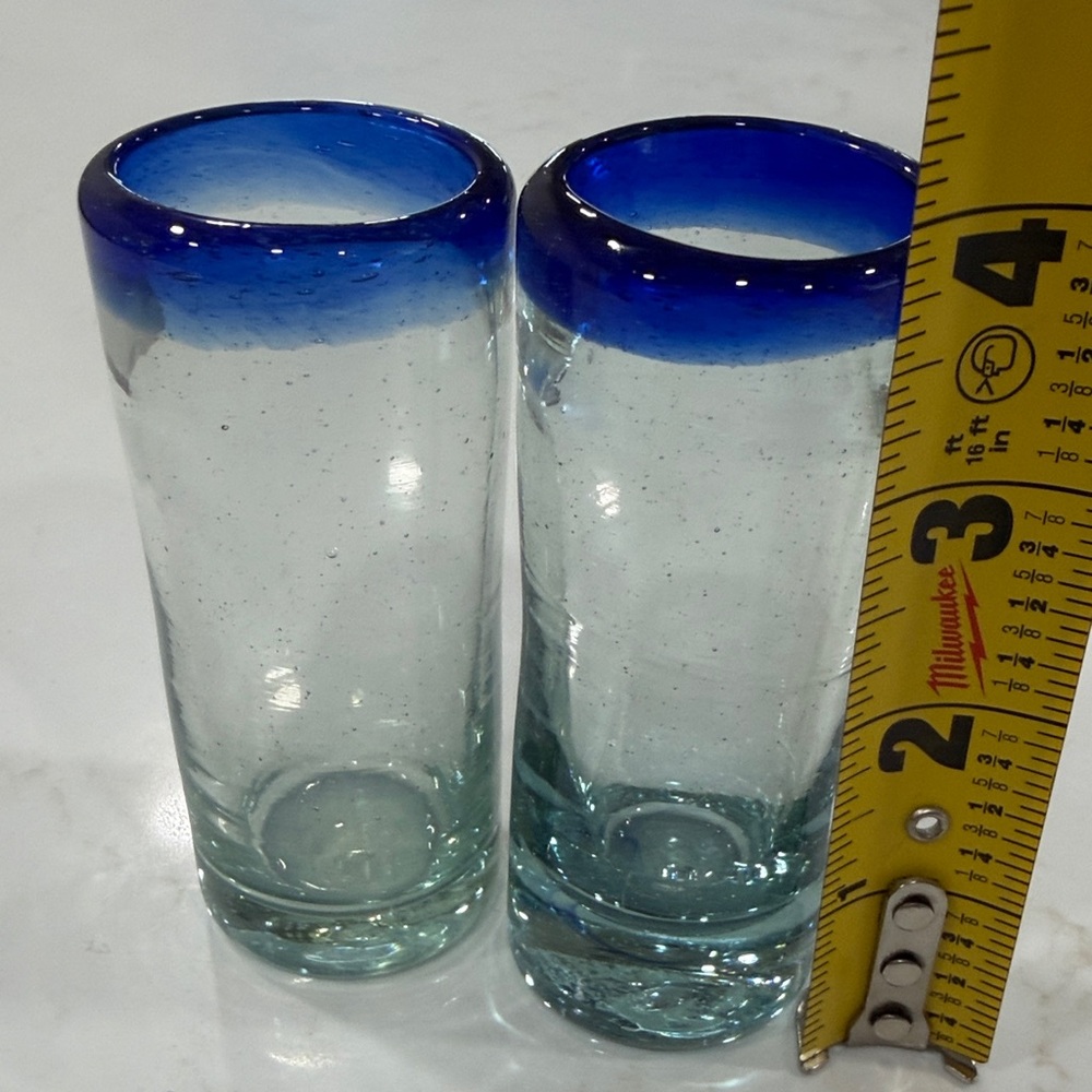 3/$25 Set of 2 Blue Rimmed Tall Shot Glasses - Picture 5 of 6